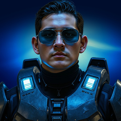 Diseñador UX/UI en traje futurista para portafolio de experiencias digitales
